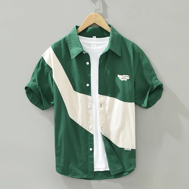 

Short Sleeve Patchwork Shirt for Men Casual Turn-down Collar Tops Man Summer New Fashion Loose Button Up Shirt Clothing