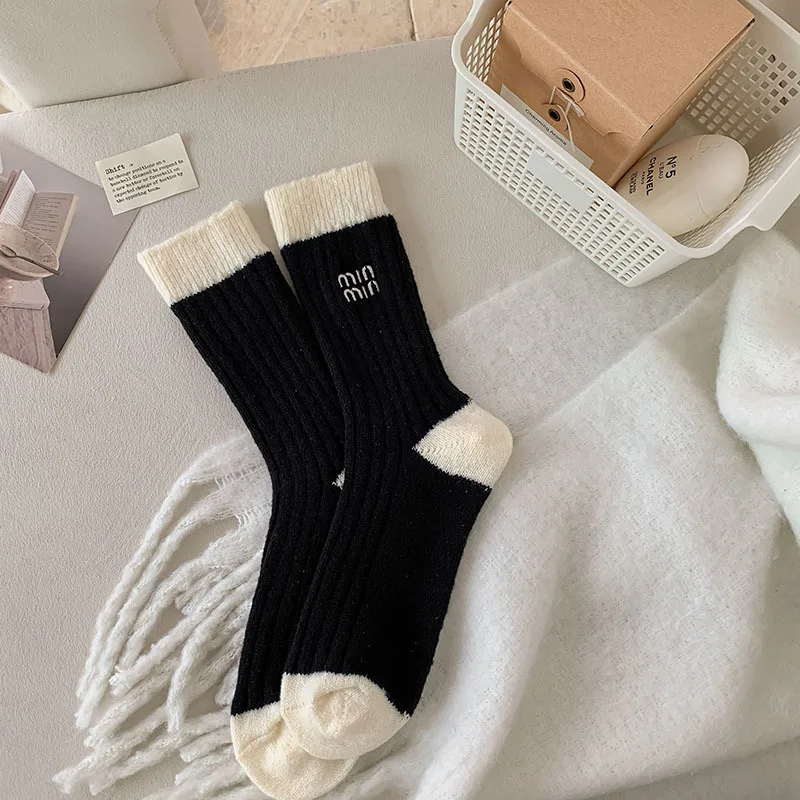 2 Pairs Black White Wool Socks For Women Winter Knitted Thickened Warm Middle Tube Stacked Socks Embroidered Letters Cute Socks