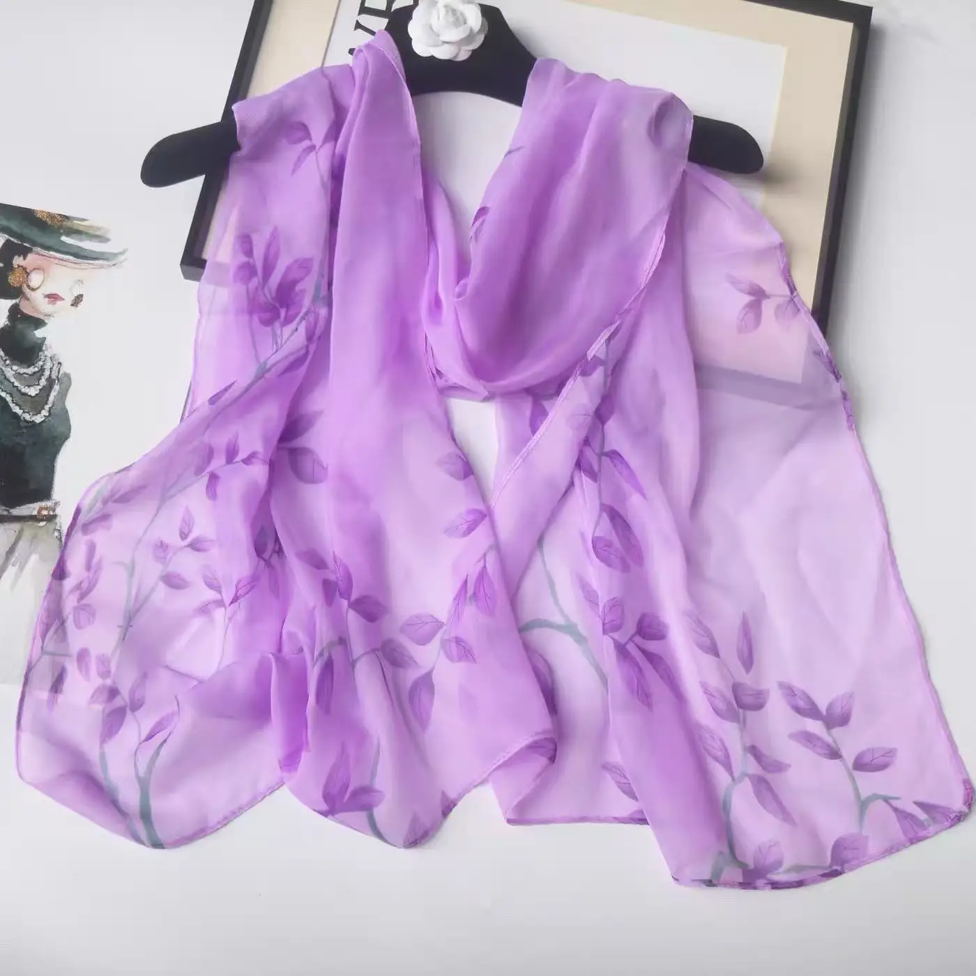 Leaf Print Silk-like Chiffon Scarf Shawl Lightweight Sheer Sarong, Versatile for Tablecloth Curtain Travel Beach Cover Up view 4