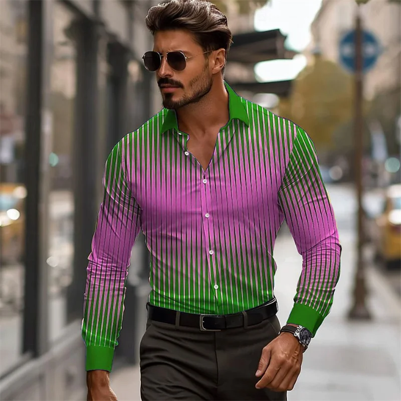 2024 Business Casual Men\'s Line 3D Printed Shirt Formal Spring Summer Lapel Long Sleeve 9 Colors Stretch Fabric Shirt XS-6XL