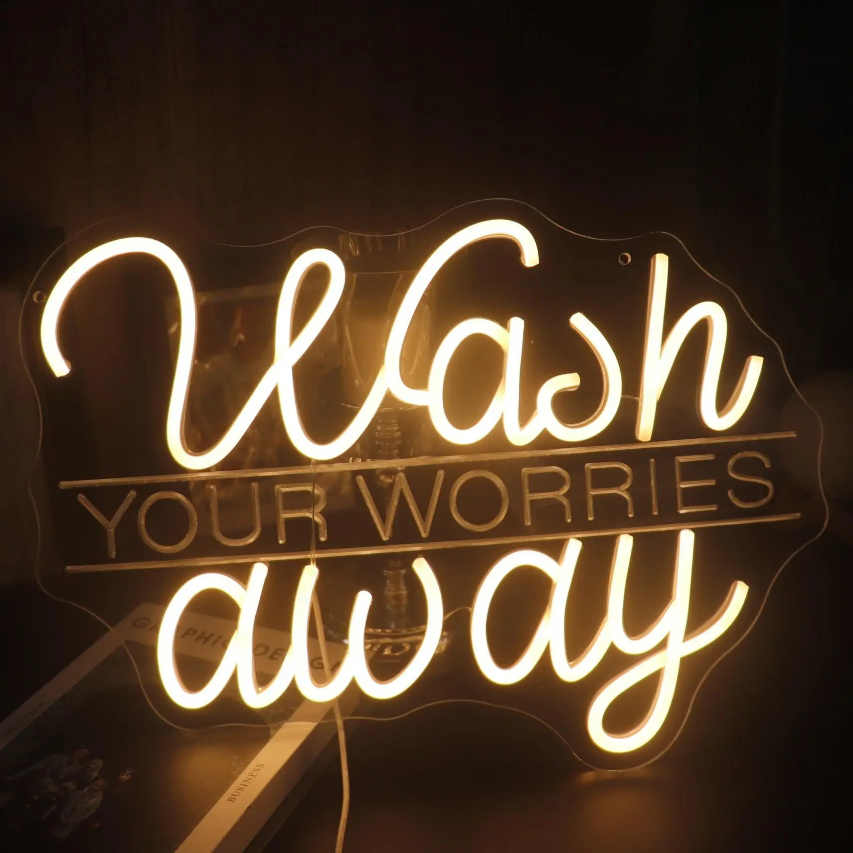 Wash YOUR WORRIES away LED Neon, USB Powered Dimmable LED Neon, Fit SPA, Meditation Room, Bedroom Wall Art