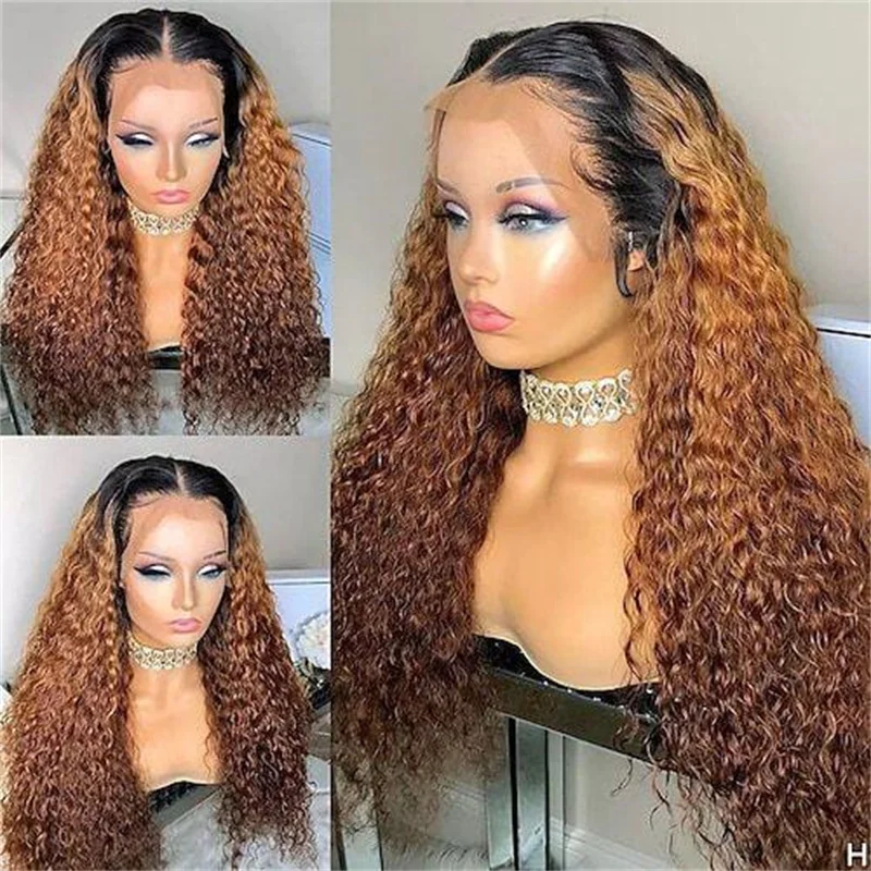 Lange 180 Dichtheid Kinky Krullend Zacht 26 Inch Ombre Bruin Diepe Kant Voor Pruik Voor Vrouwen Babyhair Lijmloos Geplukt Dagelijks