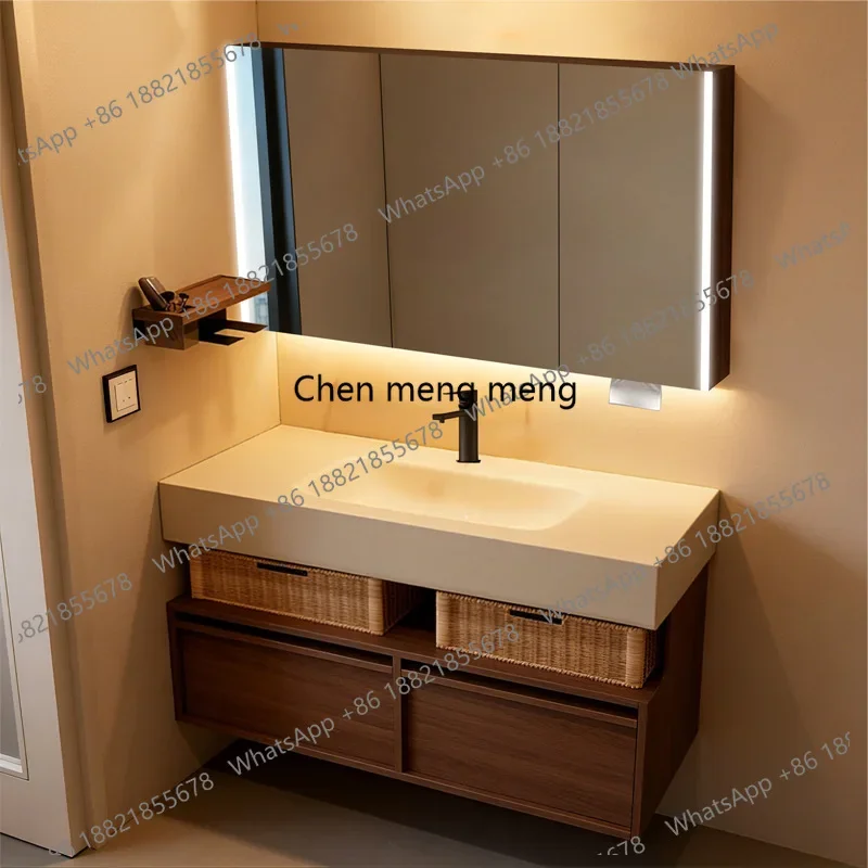 

F150 Medieval rock slab hot bending integrated basin, bathroom cabinet, multi-layer solid wood washbasin cabinet combination