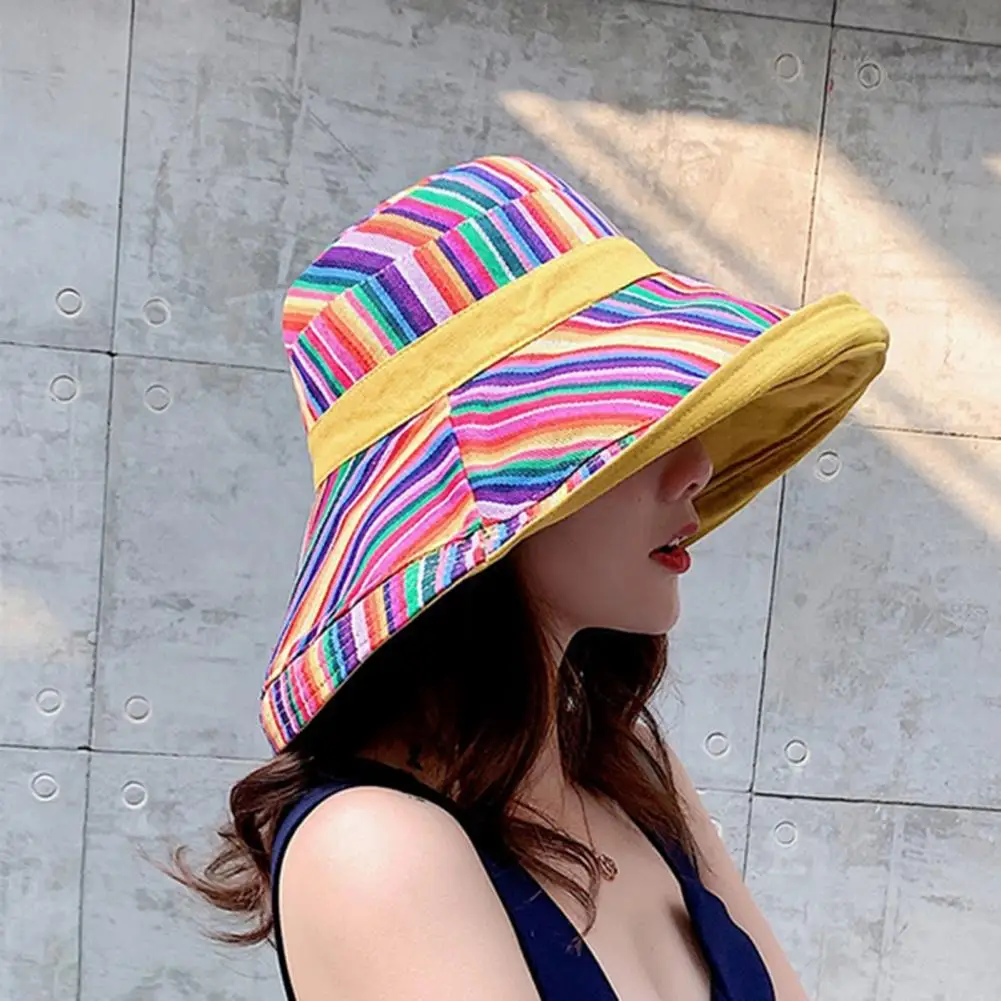 Women Bucket Hats Bohemian Color Patchwork Cotton Large Brim Sun Shade Sunblock Cap Fisherman Hat Outdoor Travel Beach Visor Cap