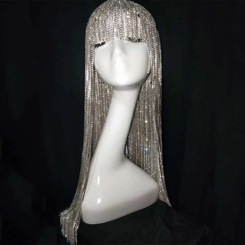 Rhinestone Chain Wig Headdress Headgear Flashing Diamond Rave Costume    Silver  Gold party wigs Luxury  Festival Outfit