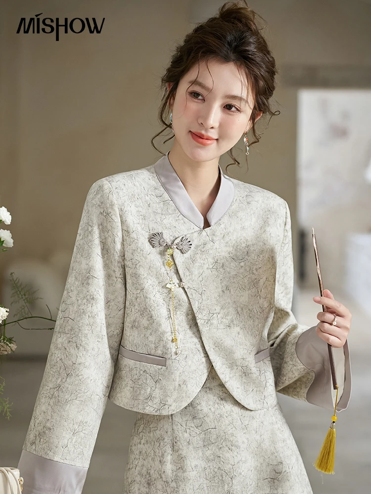 MISHOW Chinese Stand Up Collar Jacket A-line Skirt Separately Spring Textured Glossy Jacquard Irregular Placket Top MXD15W0373