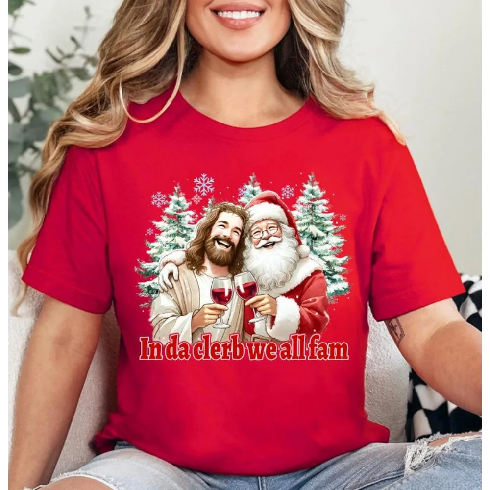Funny Christmas Santa & Jesus Tee - Holiday Drinking Shirt O-neck Streetwear Classic Pattern High Quality Cotton Tees