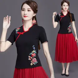 Traditional chinese clothing womens plus size tops 2024 summer cotton blend embroidery color splicing tang costume shirts woman