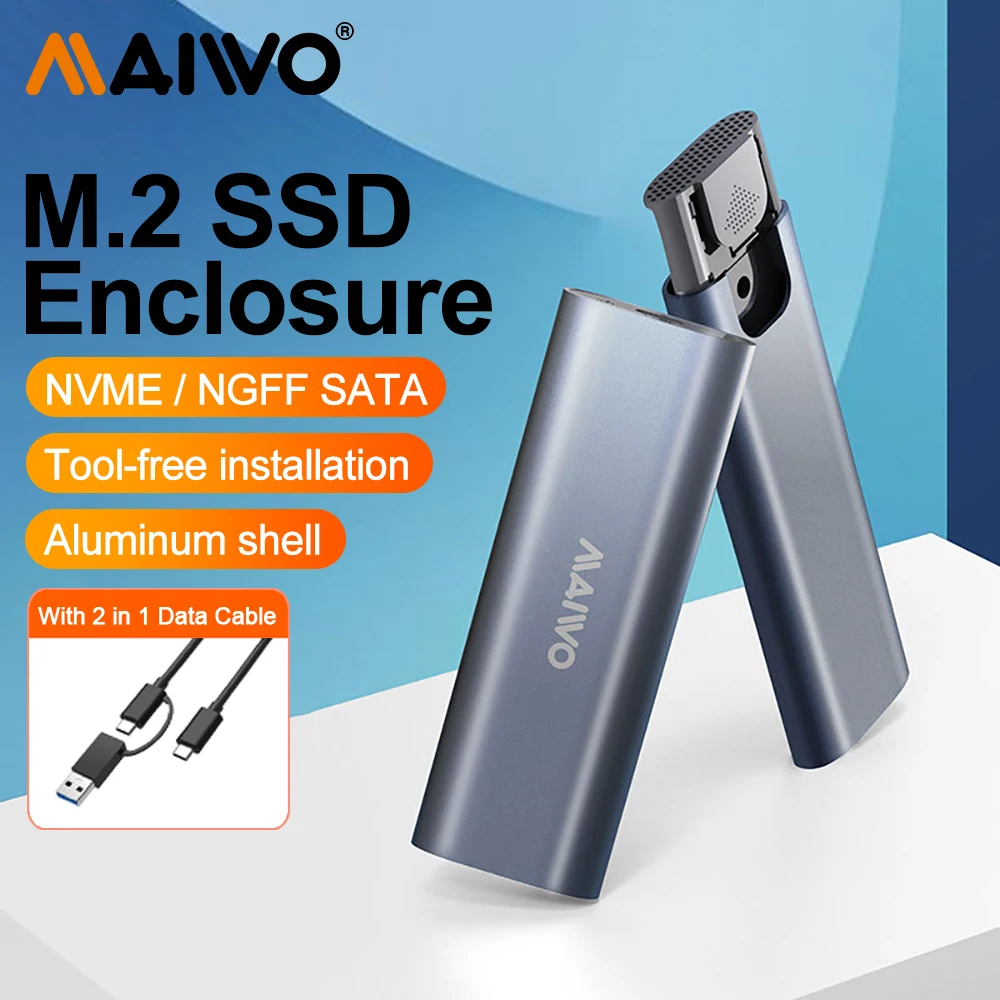 MAIWO M2 SSD 케이스, M.2 NVMe SATA SSD 인클로저 어댑터, 10Gbps USB 3.1 Gen2 USB C 외부 인클로저, UASP M 및 B & M 키 지원