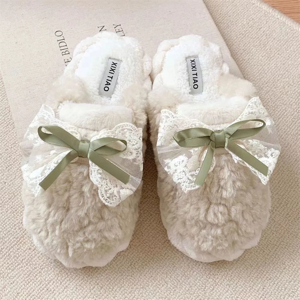 Women Winter Warm Plush slippers Indoor House shoes Furry Soft Cute Lace Bow Non Slip Bedroom Floor Cozy Home Footwear Girl Gift
