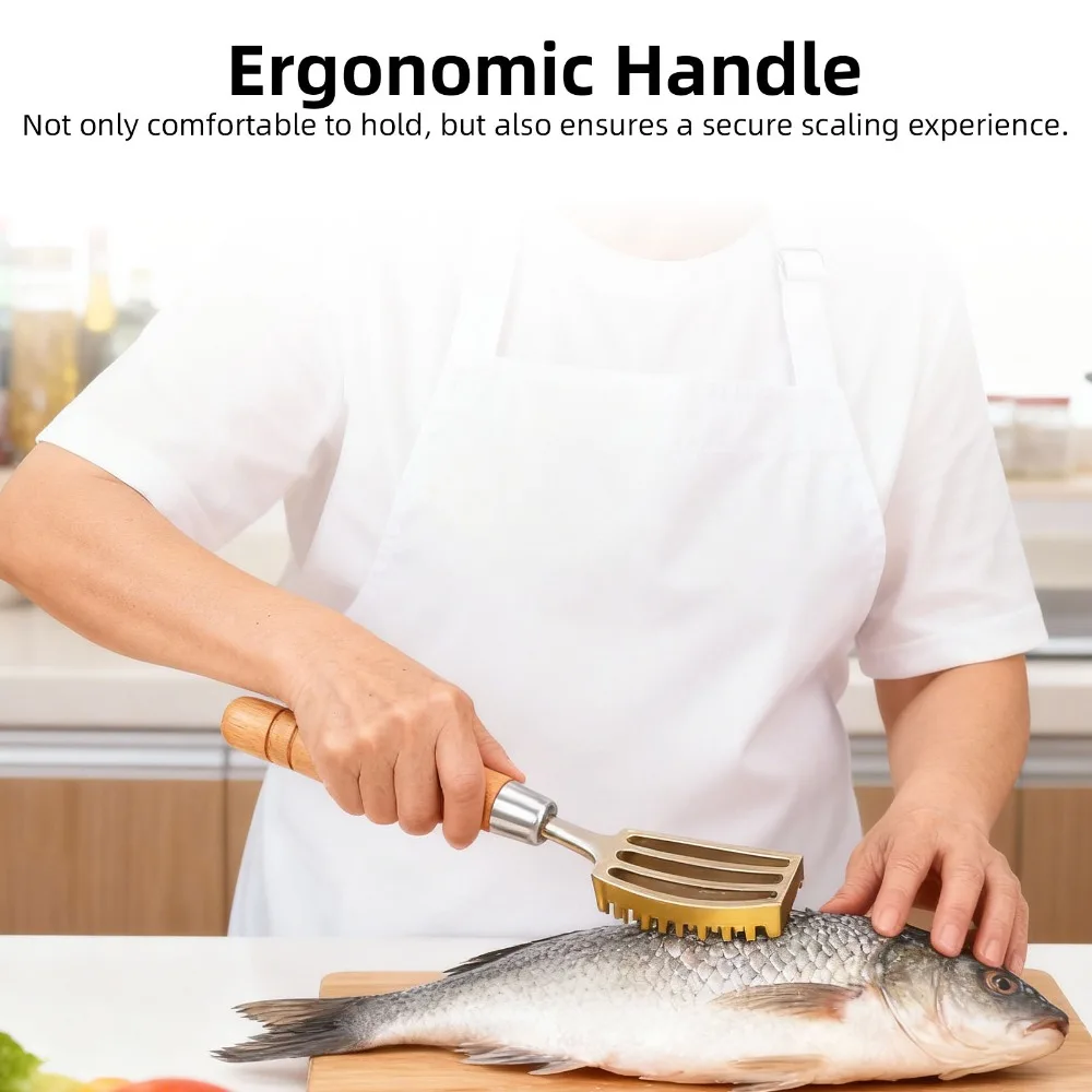 Composite Wood Copper Fish Scaler Ergonomic Handle Sawtooth Design Fish Descaler Labor Saving Manual Operation