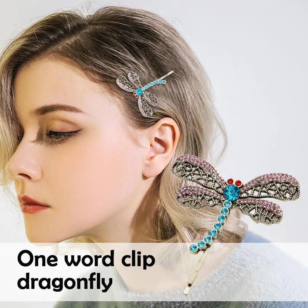 Vintage Dragonfly Hair Pin Bobby Pin Halloween Retro Rhinestone Dragonfly Hair Clip Side Clips One word clip dragonfly for Q2U3