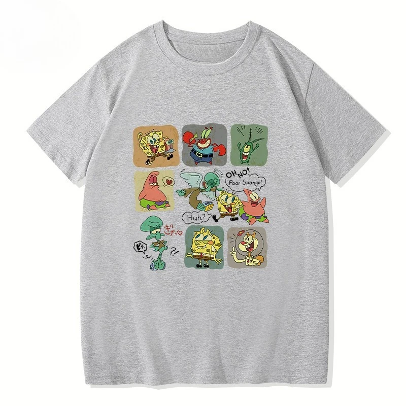 Nuevo lanzamiento de Bob Esponja, pantalones cuadrados con estampado de dibujos animados, Top Universal de manga corta holgado y a la moda para hombres, mujeres y niños