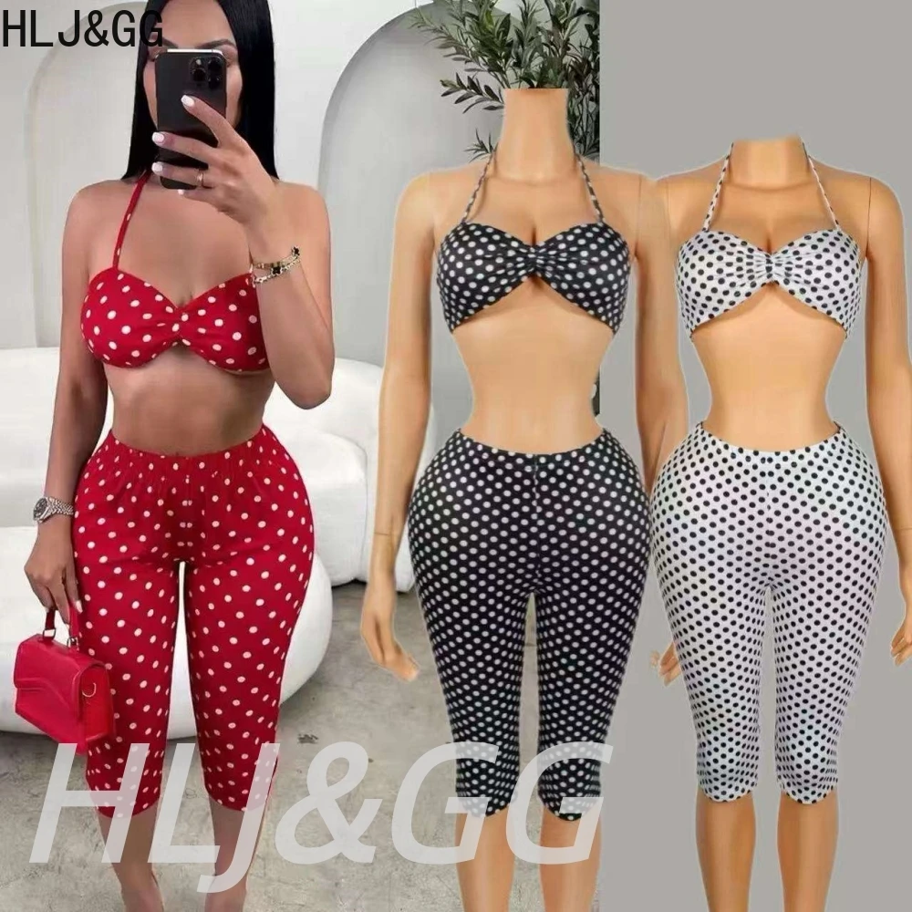 

HLJ&GG Fashion Polka Dot Print Hollow Two Piece Sets Women Sleeveless Backless Slim Crop Top+Shorts Outfits Y2K 2pcs Streetwear