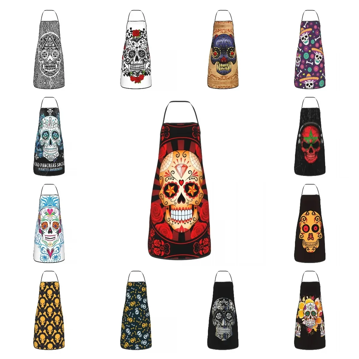 Custom Bib Red Sugar Skull With Roses Aprons for Men Women Adult Chef Cooking Kitchen Mexican Calavera Tablier Cuisine Gardening