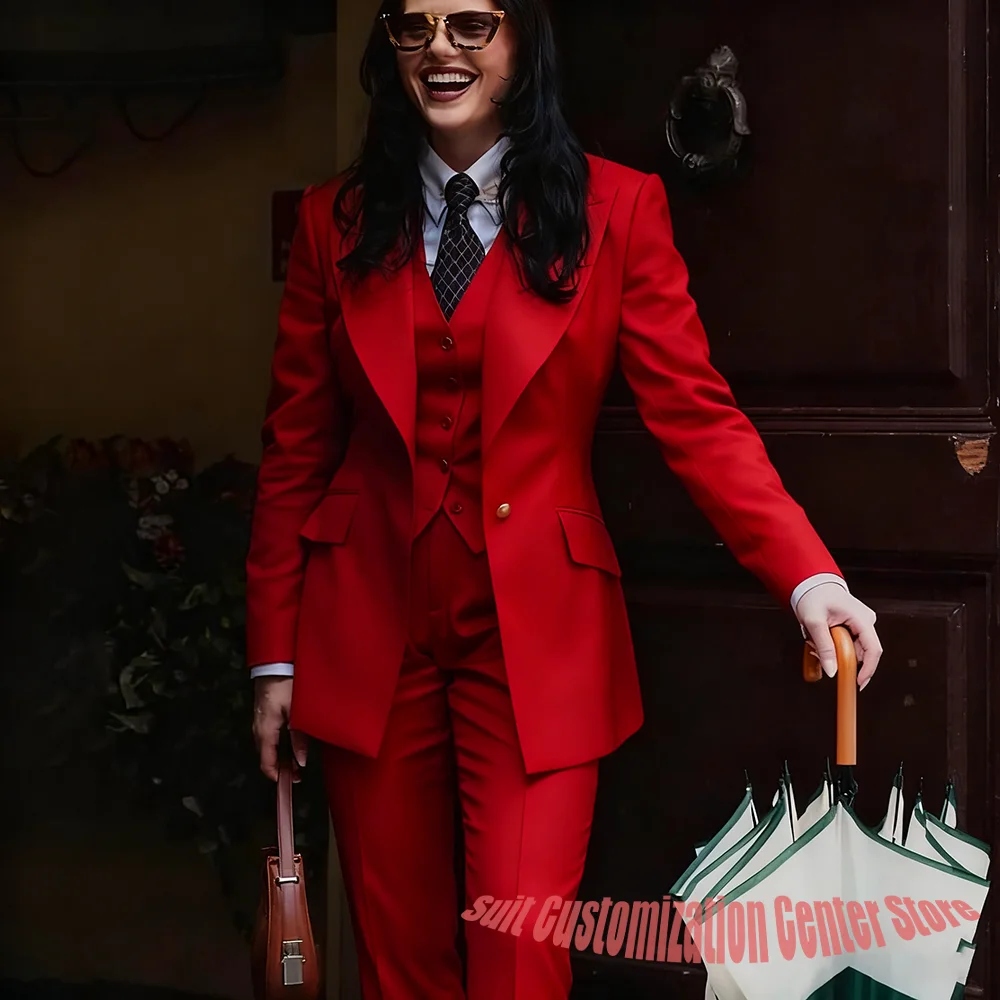 

Autumn Retro Red Women's Jacket Pant Sets 3Piece Suit Single Button Peaked Lapel Blazer Formal Office Professional Outerwears