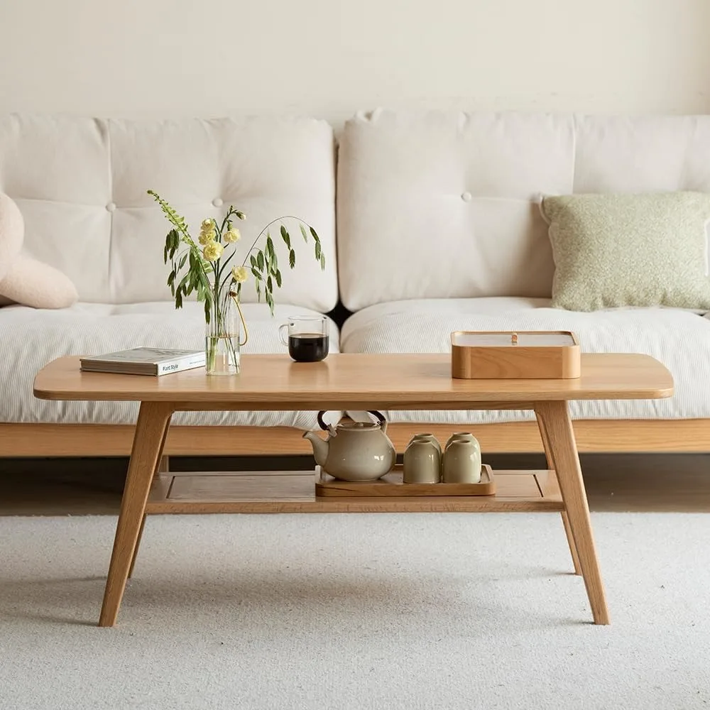 100% Solid Wood Coffee Table for Living Room, Mid Century Modern Small Tables with Shelf Storage, 2-Tier Storage Coffee Table wi