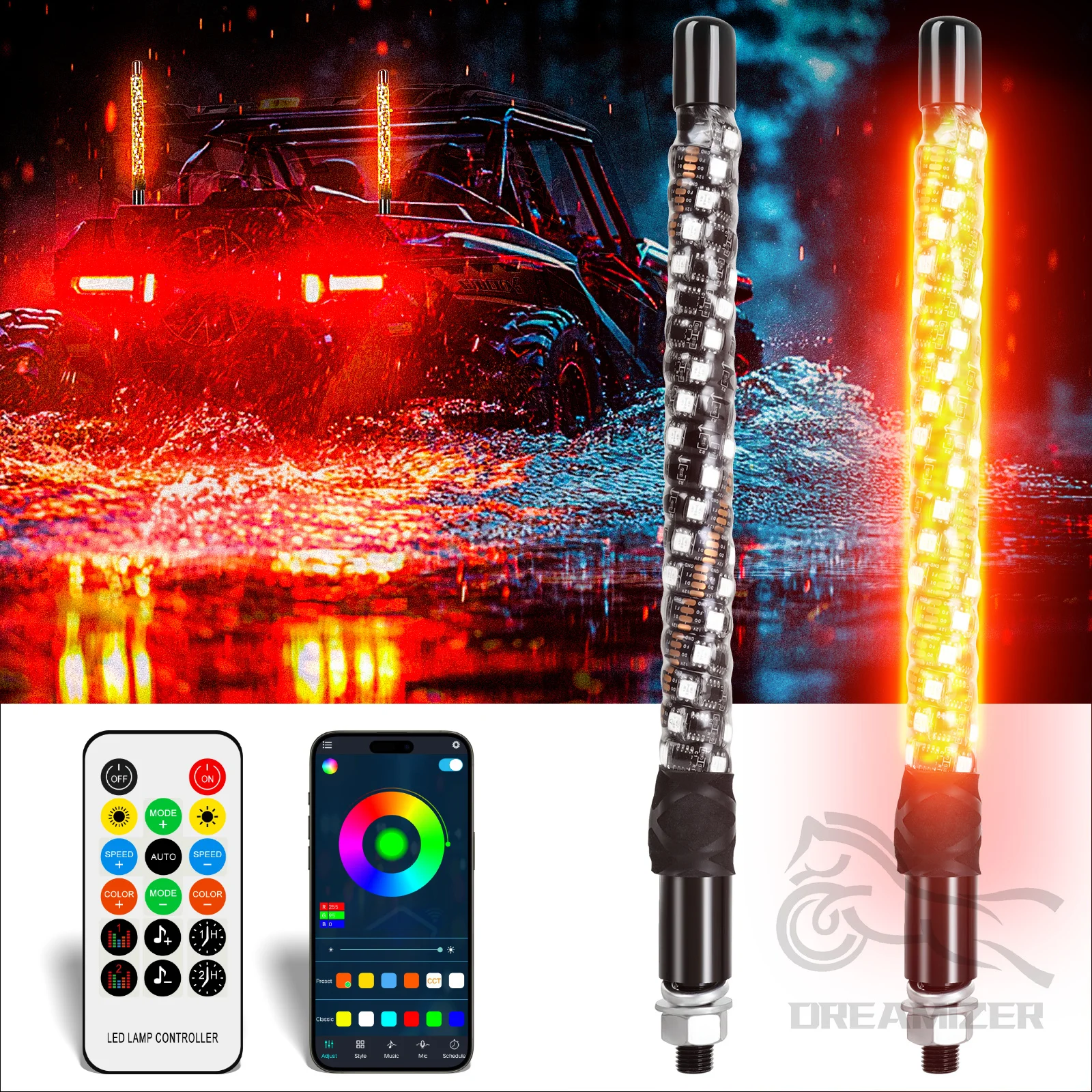 2Pcs 1FT Spiral RGB LED Whip Lights for Side by Side with Wireless Remote APP Control RGB Chasing Lighted Antenna Whips for UTV
