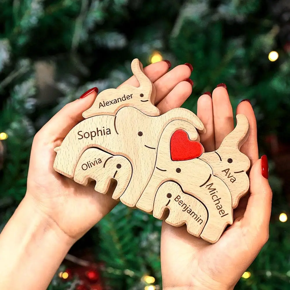 Free Engraving Custom Elephant Family Wooden Puzzle DIY Christmas Birthday Gift 2-10 Names Sculpture Home Decoration Figurines