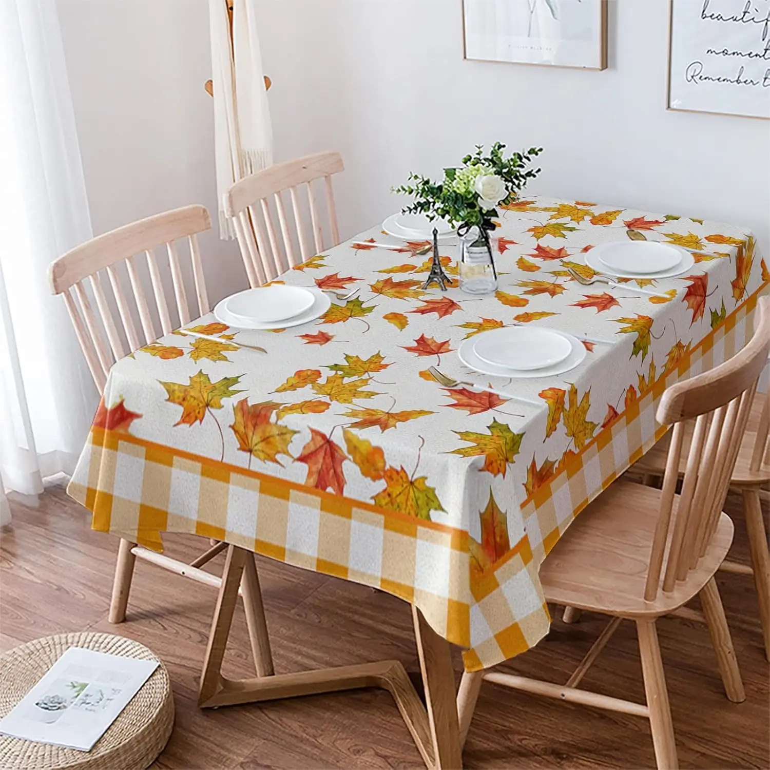 Autumn Thanksgiving Rectangle Tablecloths for Table Decor Reusable Fall Maple Leaves Buffalo Plaid Table Cloth Party Home Decor
