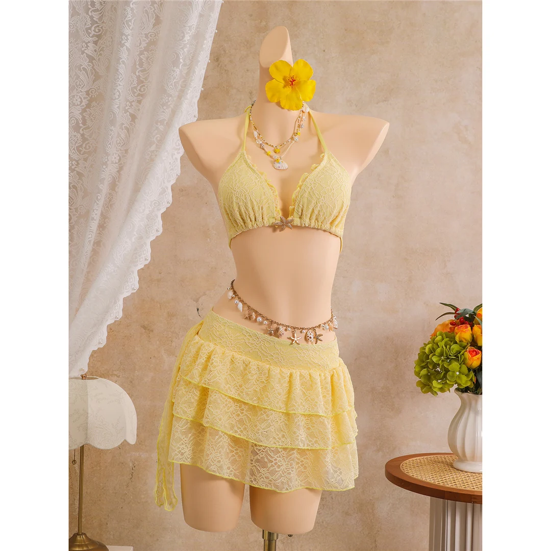 Mit Rüschenrock, Neckholder-Bikini, Damen-Badeanzug, dreiteiliges Bikini-Set, gepolsterter Badeanzug, Badebekleidung, Badeanzug V8400 – Detail 4