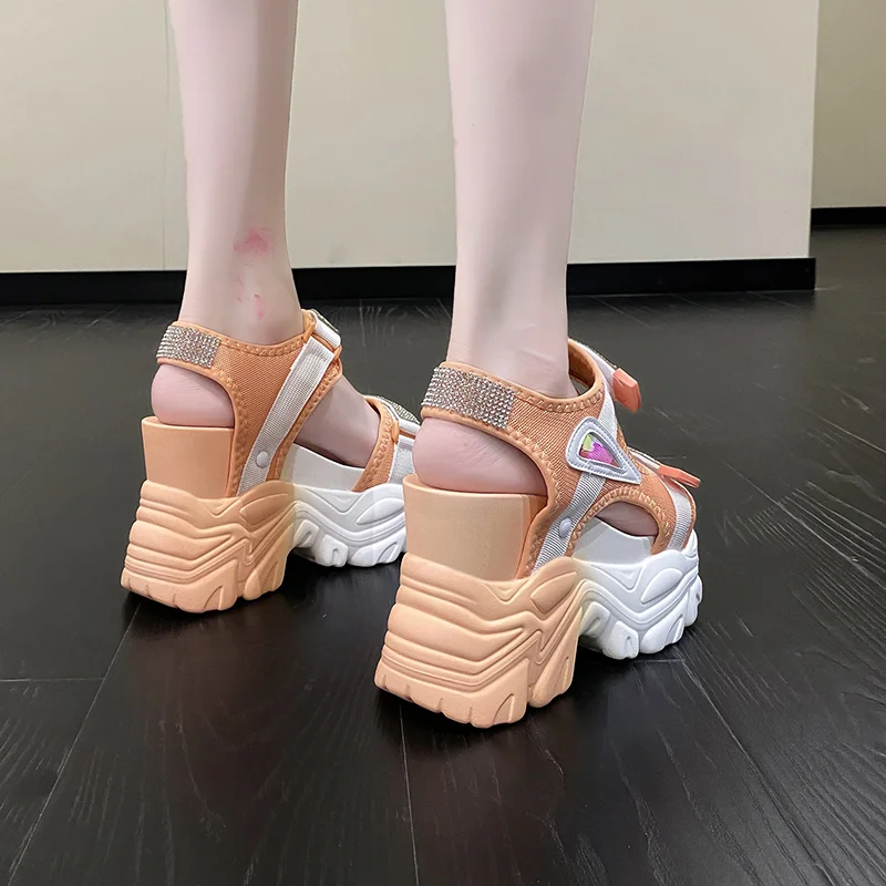 Women Bling Chunky Sandals Summer Designers Open Toe Hook Loop Shoes 10CM High Heels Mesh Sandals Casual Woman Wedges Sneakers