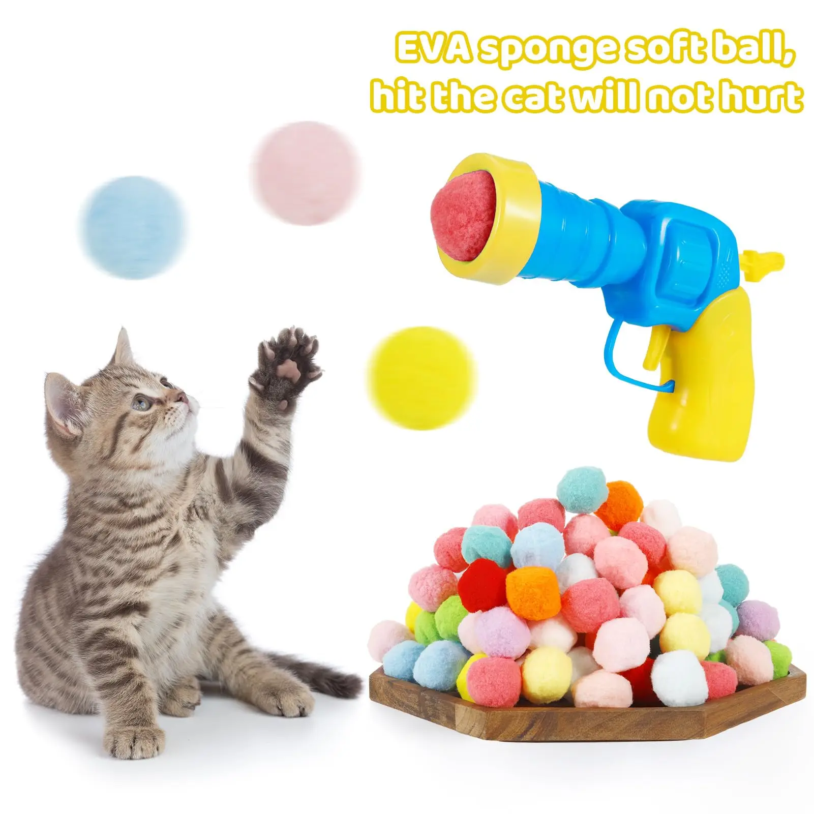 Cat Toy Balls,1 Cat Ball Launcher and 100Pcs 1.2inch Cat Pom Pom Balls Colorful and Soft Cat Balls Toys Cat Fetch Shooter for In