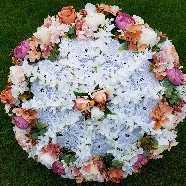 L-FU Customized colorful silk fake rose floral umbrellas shop home wedding decorative artificial flower umbrella