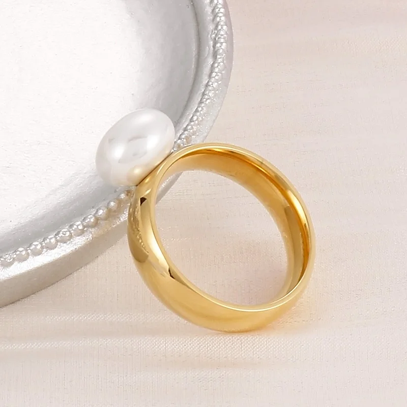 Stainless Steel Rings Women Shell Simulated-Pearl Round Rings For Women Gold Color Wedding Bands Jewelry Elegant Gifts