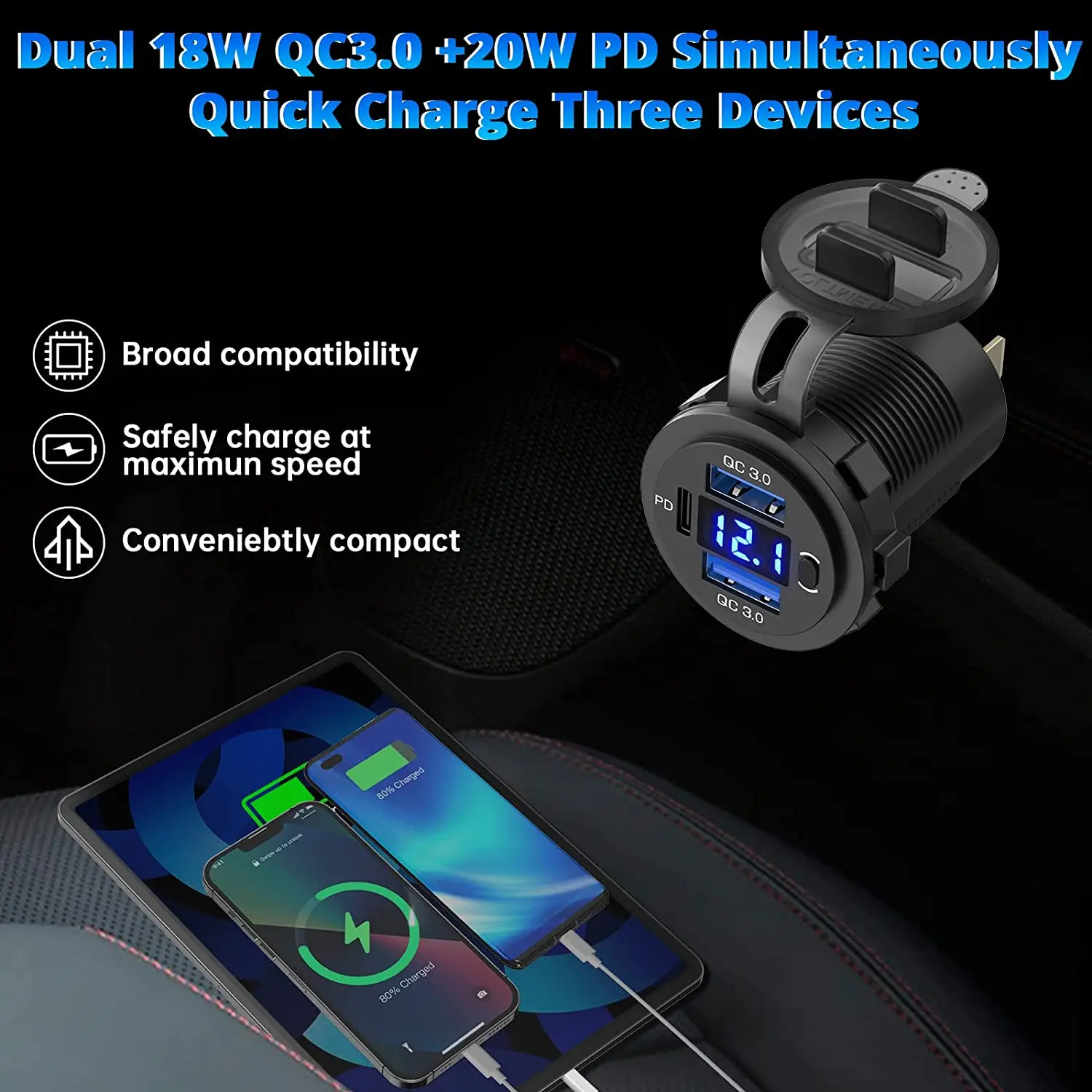 Dual 18W QC3.0 Port & 20W PD Type-C Car Charger Socket Voltmeter Switch Car USB Port for Car Boat Marine Truck Golf RV