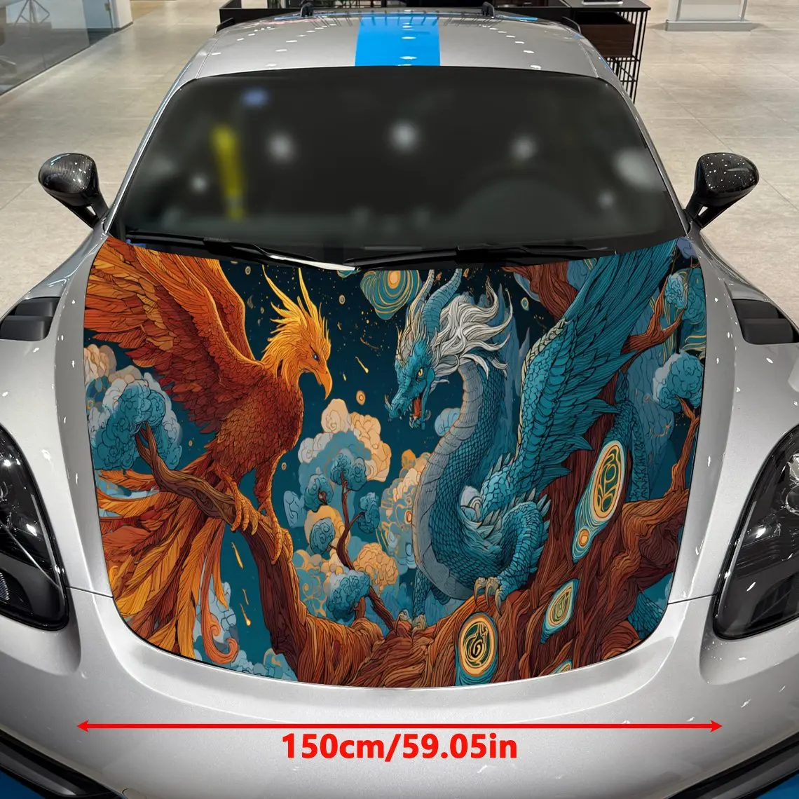 Phoenix Blue Dragon Art Aesthetic PVC Car Hood Wraps, Self-Adhesive Waterproof Car Bonnet Decal Sticker, Car Decoration Protecti