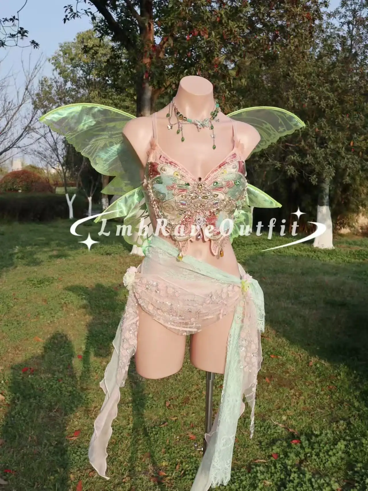 Luxury Sexy Butterfly Strapless Embroidery Top Lace Ribbon Skirt Electric Syllable Bar Singer Dance Stage Party Festival Set
