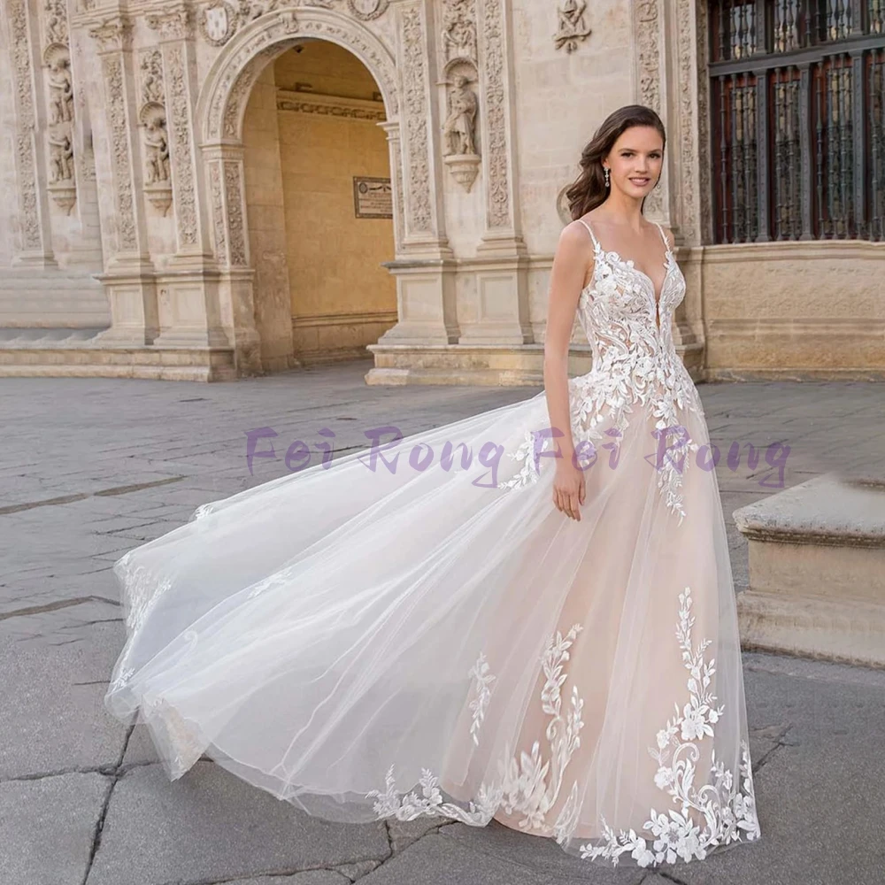 Elegant Spaghetti Wedding Dresses with Train Lace Sleeveless Bridal Gowns for Women A-Line Vestido De Novia Mariage Princess