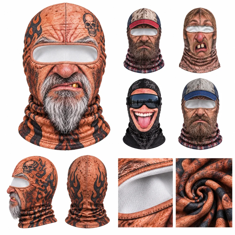 3D Face Printed Old Man Balaclava Face Mask White Mustache Breathable Eye Hole Funny Ski Mask Elastic Full Coverage
