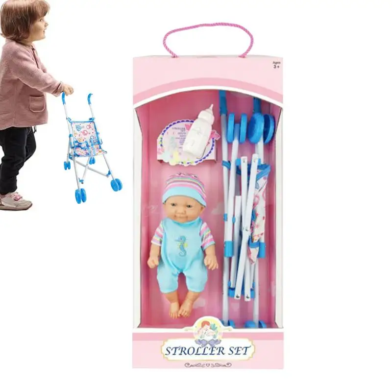 Passeggino per bambole pieghevole Set di bambole realistiche per la scuola materna con bottiglia Baby Finta Play House Toy Mini Accessori per mobili per bambole