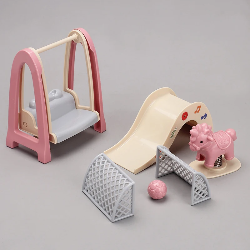 

Hot 1Set Doll House Simulation Amusement Park Slide Wooden Horse Swing Miniature Children's Playhouse Toys Accessories Set