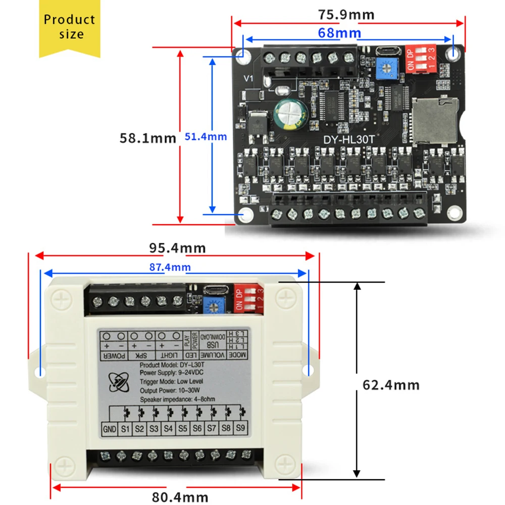 DY-HL30T DC9-24V 30W Power Voice Broadcast Sensor Audio Module Low High Level Triggered MP3 Playback TF Card U Disk with Shell