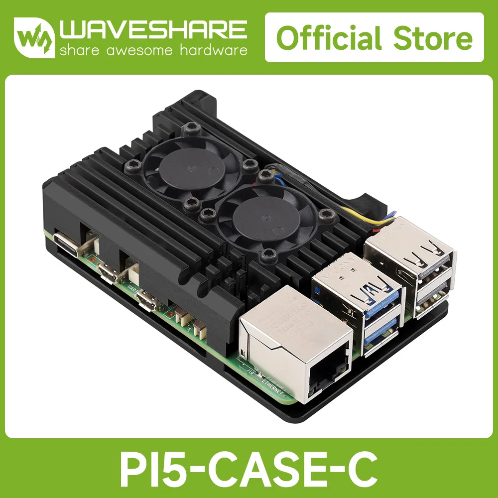Picture 3: Waveshare Aluminium Alloy Case,  Based On Raspberry Pi 5, Faster heat dissipation, Dual Cooling Fans for Pi 5