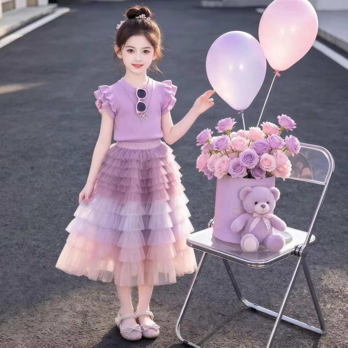 Girls Summer Outfit Set New Sweet Stylish Cute Sleeveless Top + Cake Skirt Two-Piece Set for Kids 5 7 9 11 13 15 Years