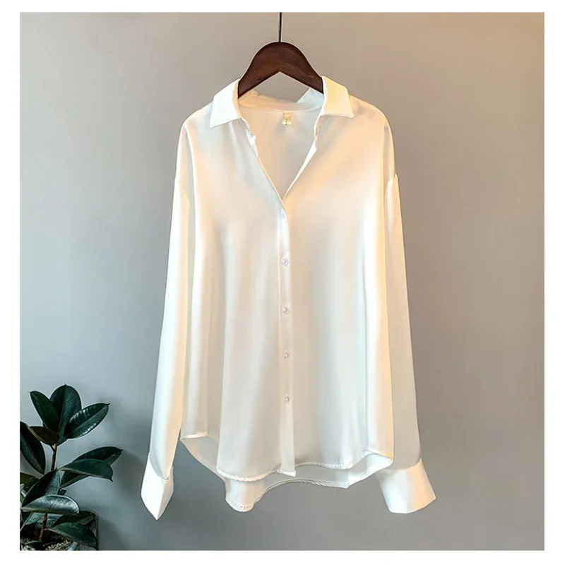 New Silk Blouse Long Sleeve Shirt Women Turn Down Collar Basic Casual Teen Gril Loose Female Shirts Button Up Shirt Womens Tops