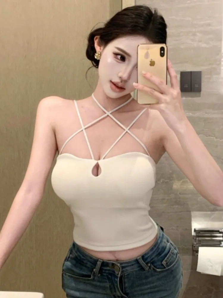 

Fashionable Sexy Asymmetrical Short Strap Top Women's Vest with Chest Pad Summer New High-End Pure Desire Outerwear
