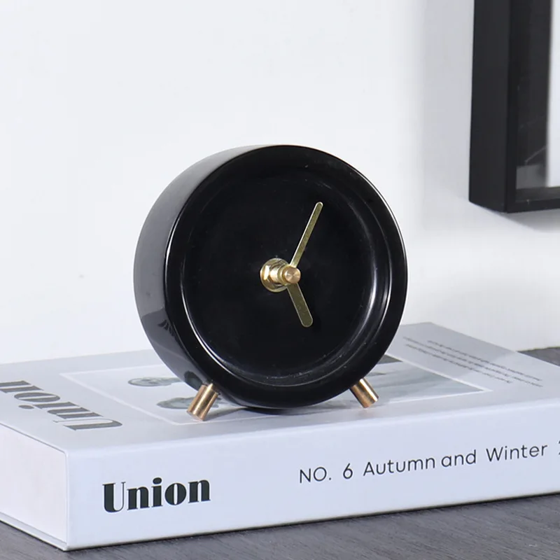 Simple natural marble stone circular hour clock bottom metal micro bracket living room bedroom tabletop silent clock ornament