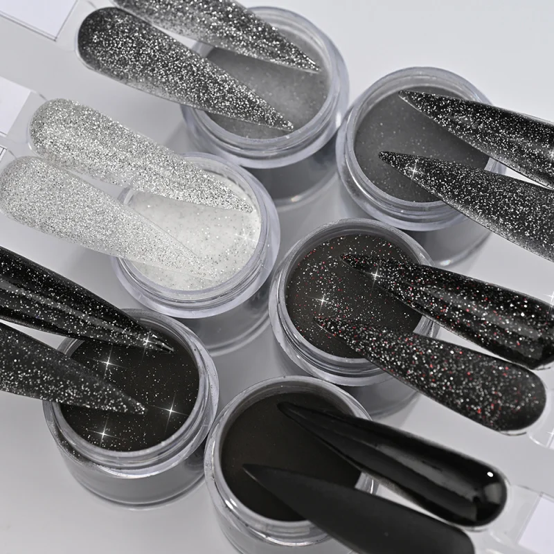 6 قطع لامعة أسود أبيض رمادي بريق الاكريليك مسحوق تراجع مسحوق كاتب كيت الفرنسية مسمار الفن مانيكير صالون لتمديد الأظافر