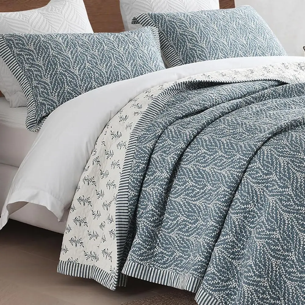 

King Size 100% Cotton Bedding Set, Botanical Chic Lightweight Quilted Comforter, White/Grayish-Blue, All Season, 3-Piece