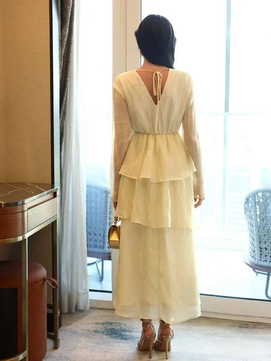 

Elegant V-Neck Long Sleeve Layered Dress Light Yellow Pleated A-Line Midi Dress For Women