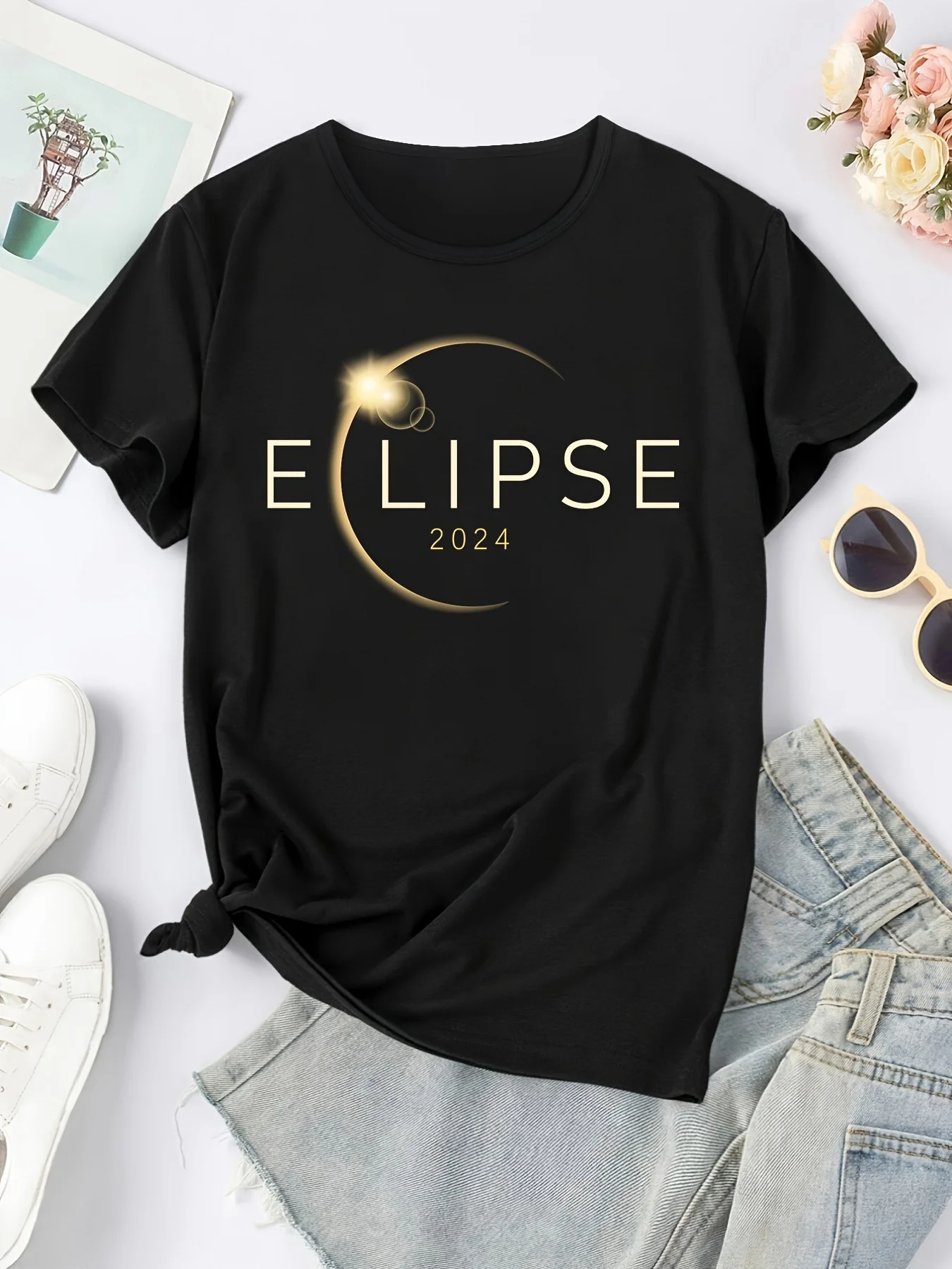 Sunlight 2024 ELIPSE Letter Print Sports Tee, Short Sleeves Round Neck Casual Workout T-shirt Top, Women's Activewear