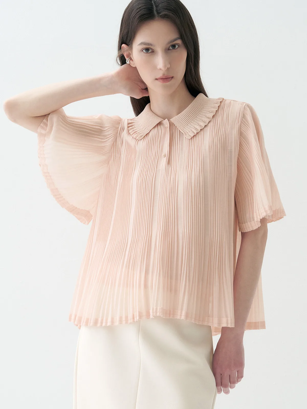 

MICOAT Lightweight Knitted Summer Shirt Loose Flared Hem Heavy Embellishment Wood Grain Collar French Style Women's Blouse