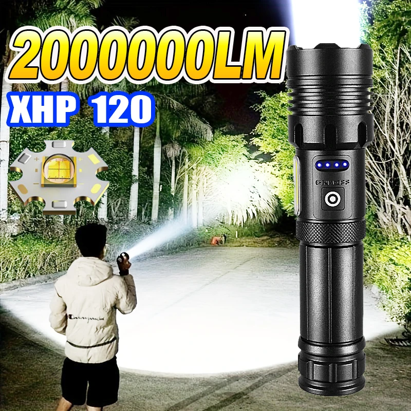 2000000LM السوبر مشرق XHP120 مصباح ليد جيب عالية الطاقة التكتيكية مصباح يدوي الشعلة في الهواء الطلق مقاوم للماء فانوس التخييم