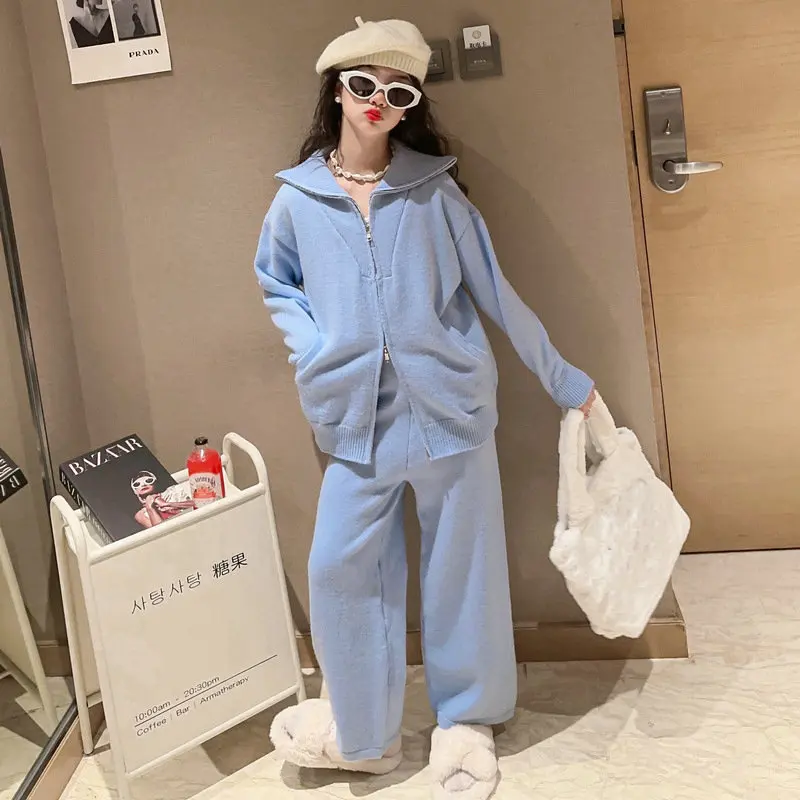 

teen girls Sweater Set Autumn Winter Fashion Knitted Outerwear+Wide leg Pants 2pcs Kids Clothes Zipper Casual Outfits Set 13 14