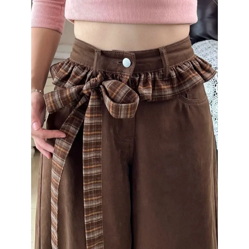 American Design Sense Retro Plaid Lace Casual Pants Women's Fall New High Waist Loose Floor Pants Fashion Age-reducing Overalls